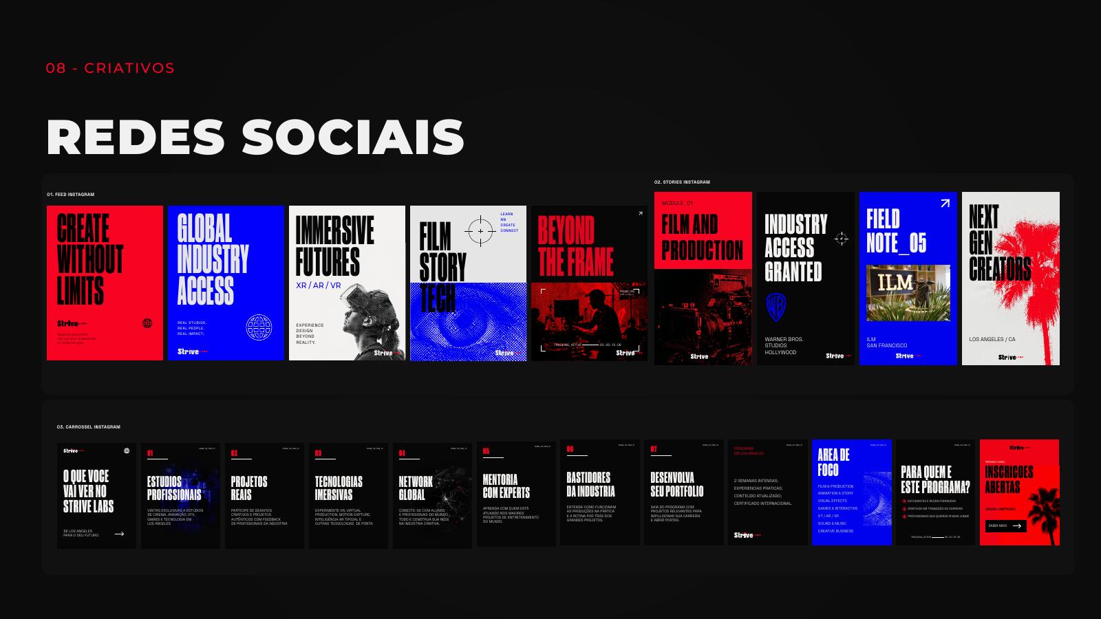 Aplicações da identidade Strive Labs em redes sociais
