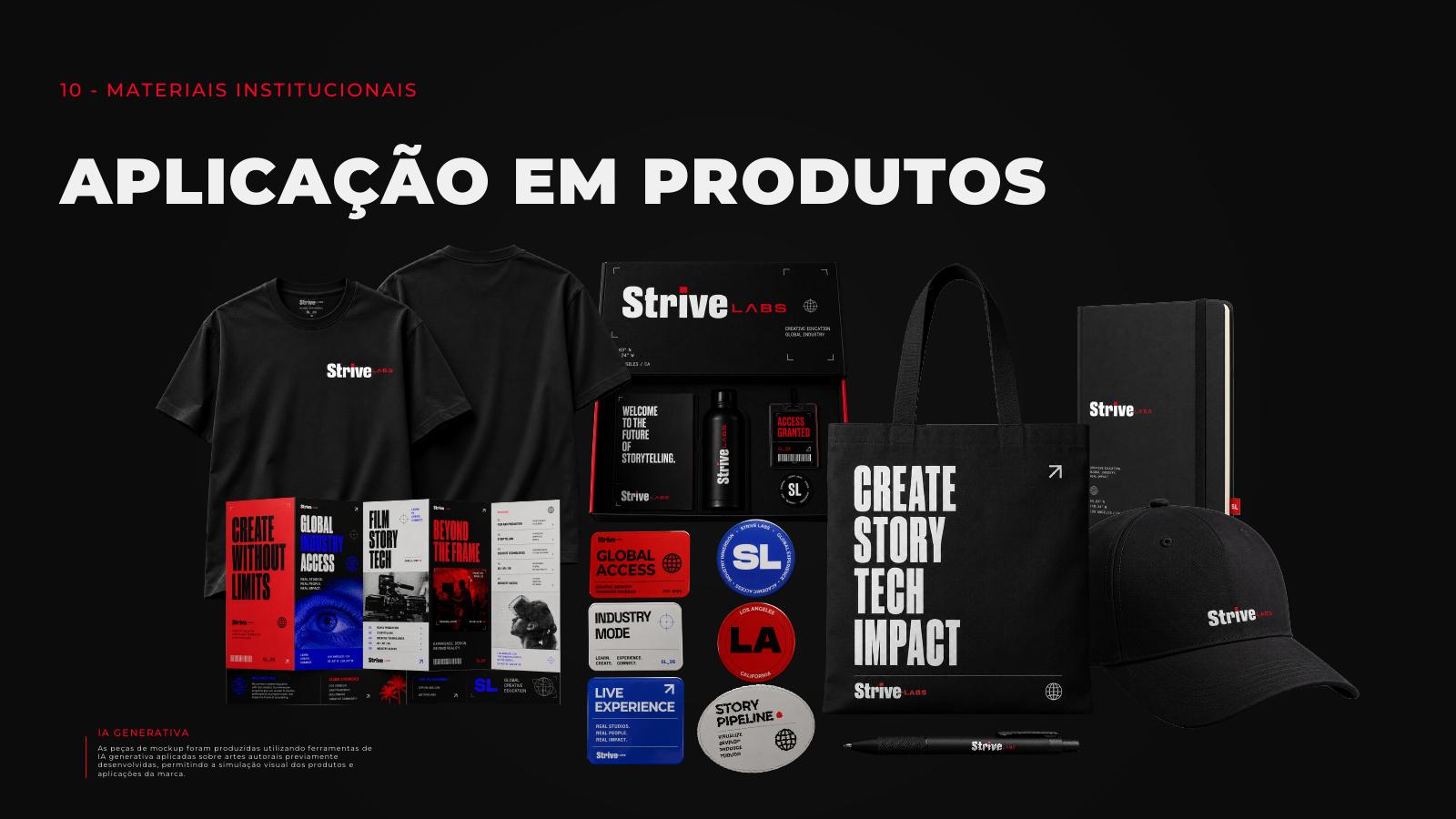 Aplicações da identidade Strive Labs em produtos